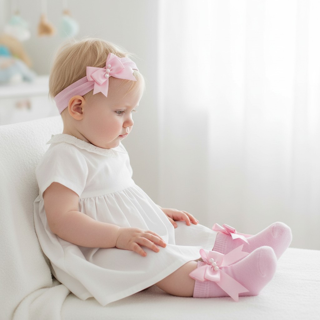 Little Dreams   LD4085-P Pink Bow and Pearl Headband and Socks (0-6 months)