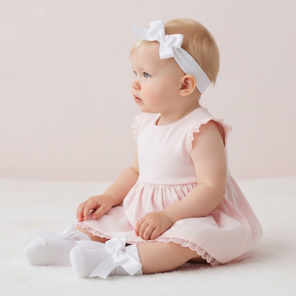 Little Dreams   LD4085-W White Bow and Pearl Headband and Socks (0-6 months)