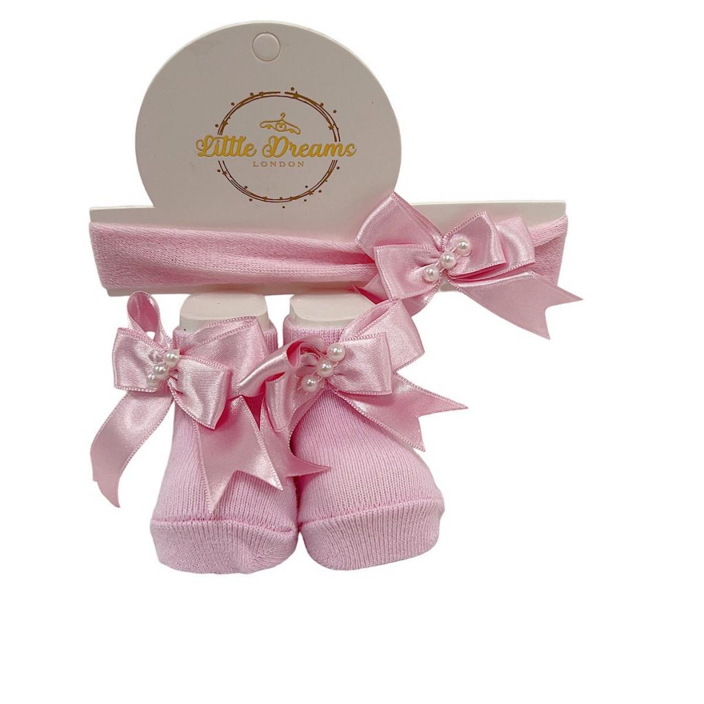 Little Dreams   LD4085P Pink Bow and Pearl Headband and Socks (0-6 months)