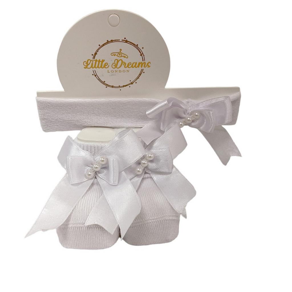 Little Dreams   LD4085W White Bow and Pearl Headband and Socks (0-6 months)