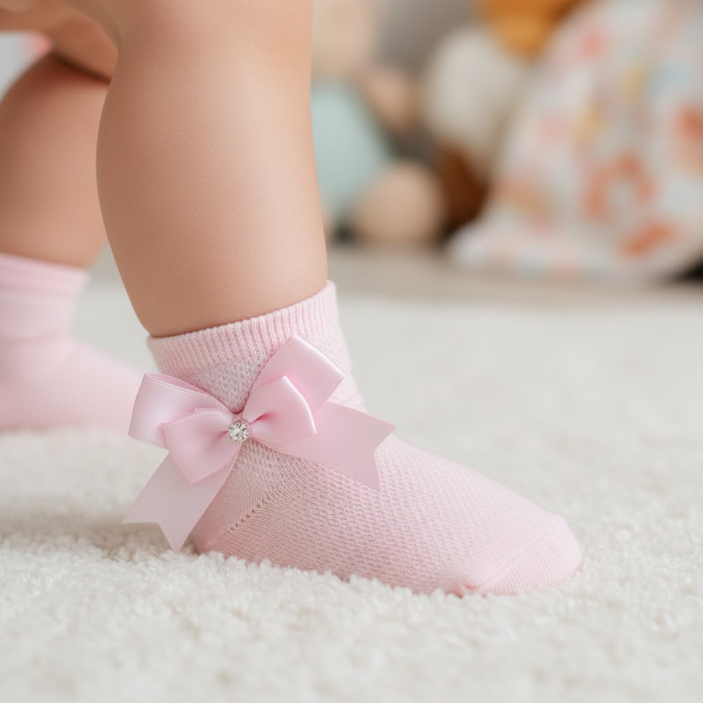 Little Dreams   LD5696-P Pink Bow and Diamante Socks (0-24 months)