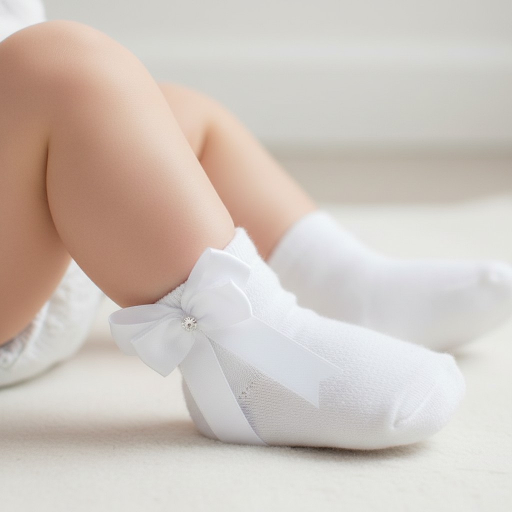Little Dreams   LD5696-W White Bow and Diamante Socks (0-24 months)