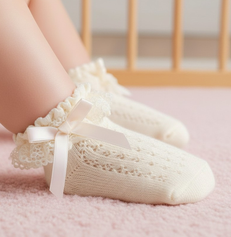 Little Dreams   LD5914-C Cream Lace and Bow Socks (0-24 months)