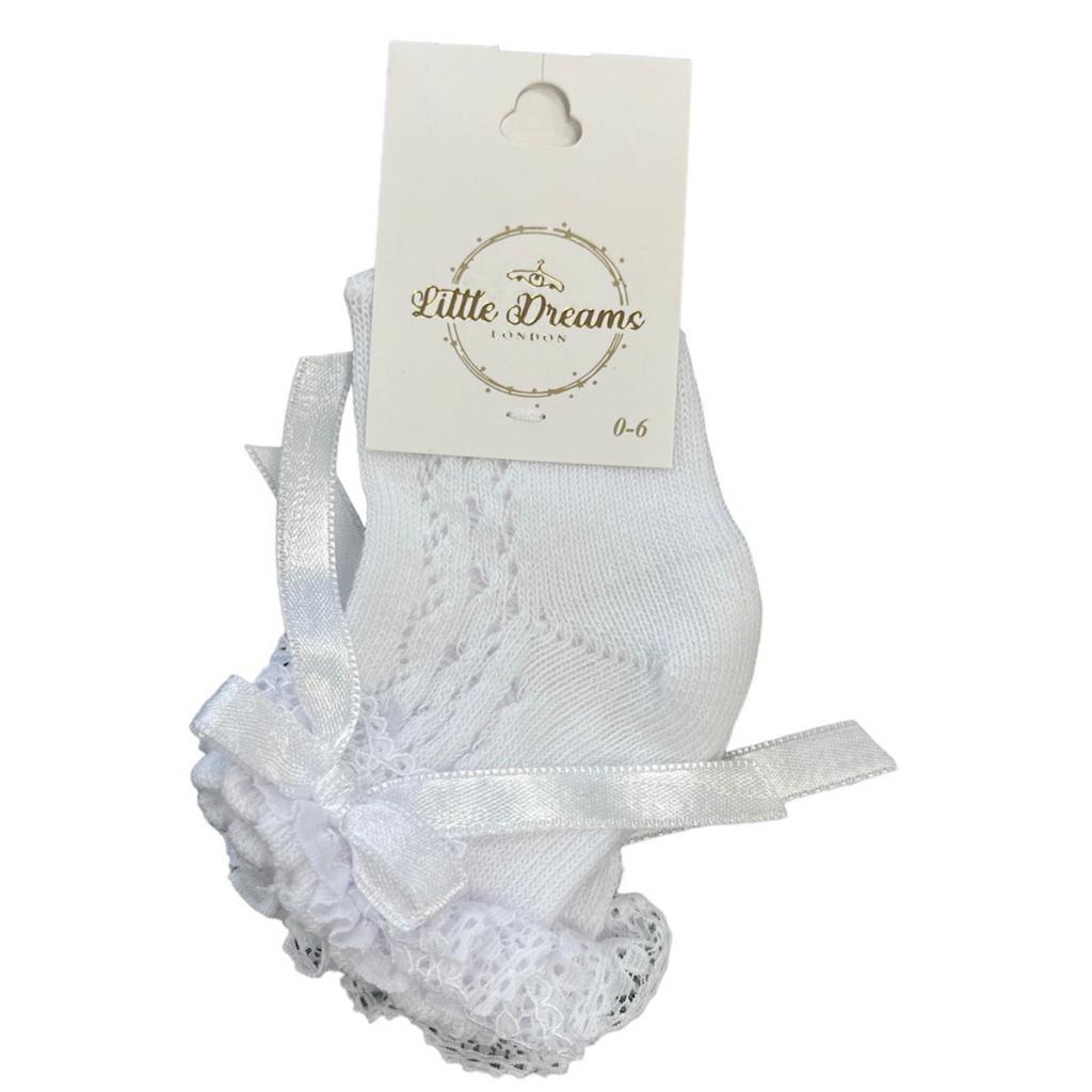 Little Dreams   LD5914W White Lace and Bow Socks (Choose Size)