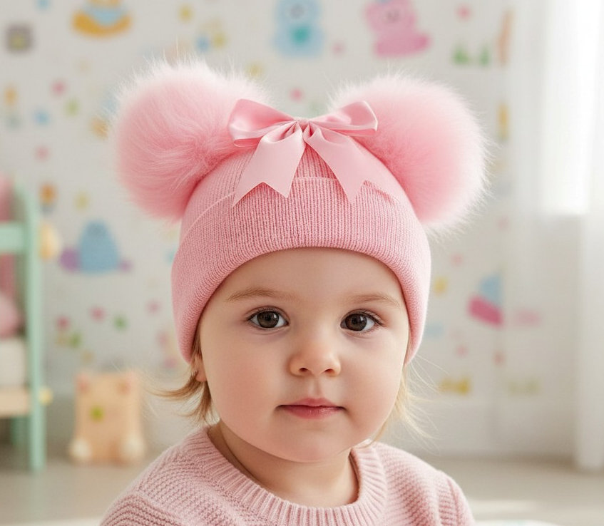 Little Dreams   LD850021-P Double Pom Pom Hat with Bow (Newborn - 12 months)