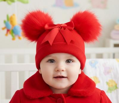 LD850021R  Double Pom Pom Hat with Bow  (Newborn - 12 months)