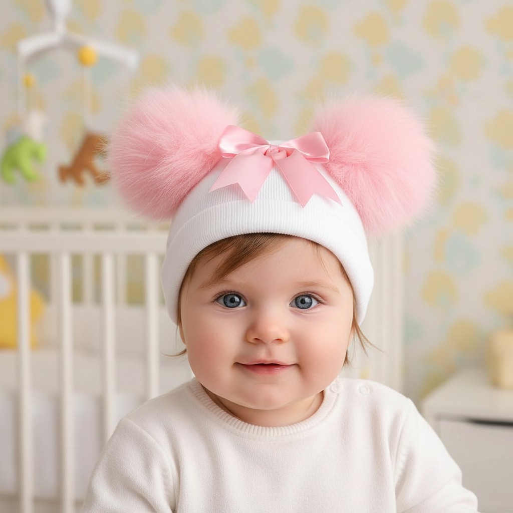 Little Dreams   LD850021WP Double Pom Pom Hat with Bow (Newborn - 12 months)