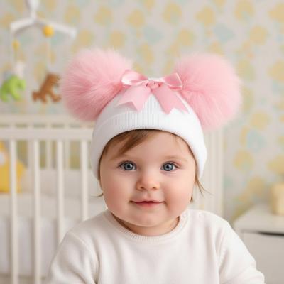 LD850021WP  Double Pom Pom Hat with Bow  (Newborn - 12 months)