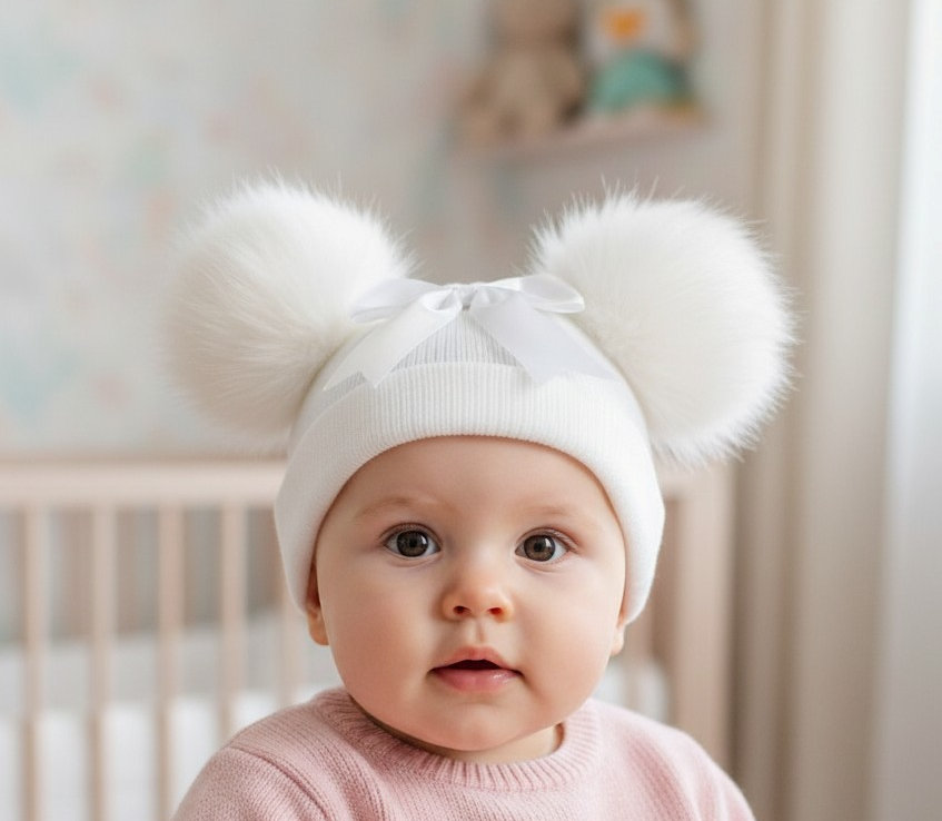 Little Dreams   LD850021W Double Pom Pom Hat with Bow (Newborn - 12 months)