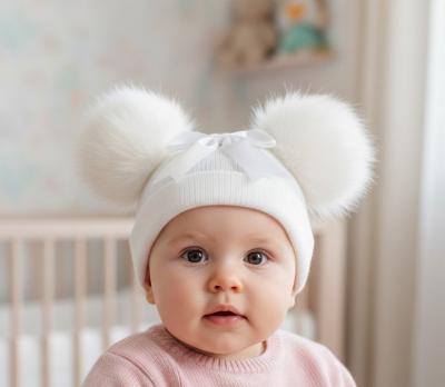 LD850021W  Double Pom Pom Hat with Bow  (Newborn - 12 months)