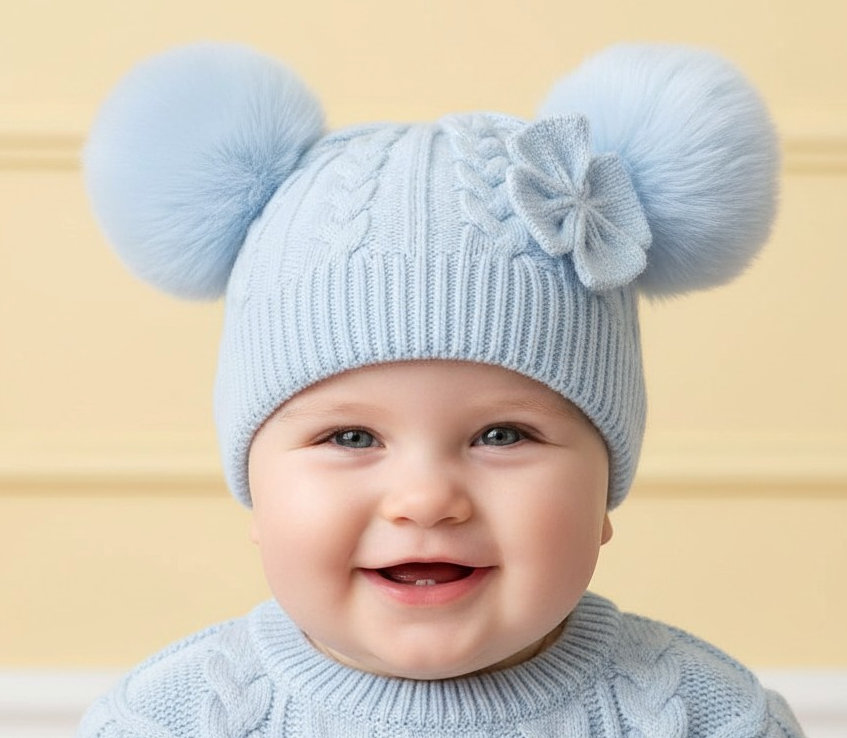 Little Dreams   LD880014B Double Pom Pom  Hat with Bow (Newborn - 12 months)
