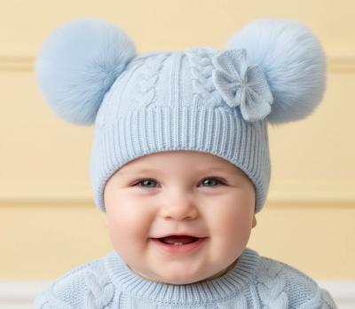 LD880014B  Double Pom Pom  Hat with Bow  (Newborn - 12 months)
