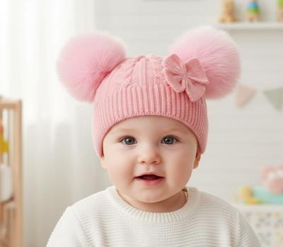 LD880014P  Double Pom Pom  Hat with Bow  (Newborn - 12 months)