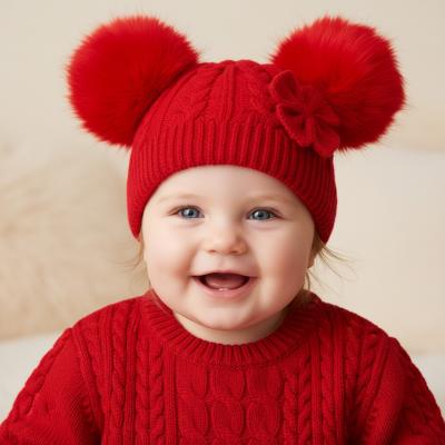LD880014R  Double Pom Pom  Hat with Bow  (Newborn - 12 months)