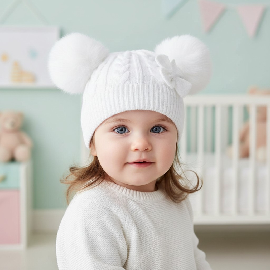 Little Dreams   LD880014W Double Pom Pom  Hat with Bow (Newborn - 12 months)