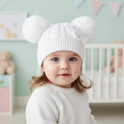 LD880014W  Double Pom Pom  Hat with Bow  (Newborn - 12 months)