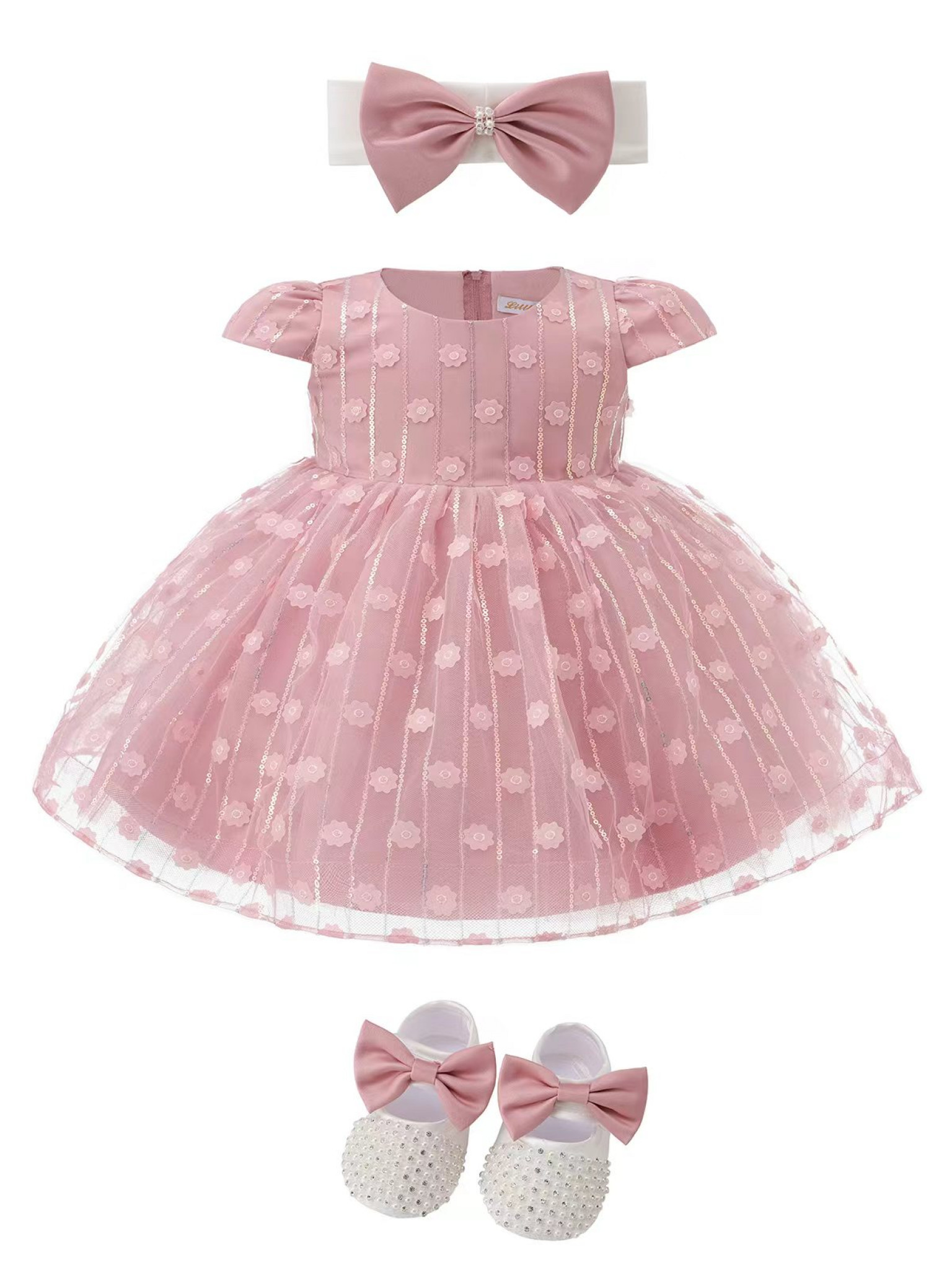 Little Dreams   LDS02-P Flower Dress with Shoes and Headband (0-12 months)