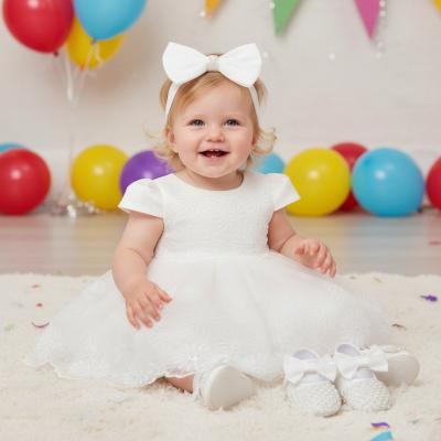 LDS04-W  Sunflowers Dress with Shoes and Headband  (0-12 months)