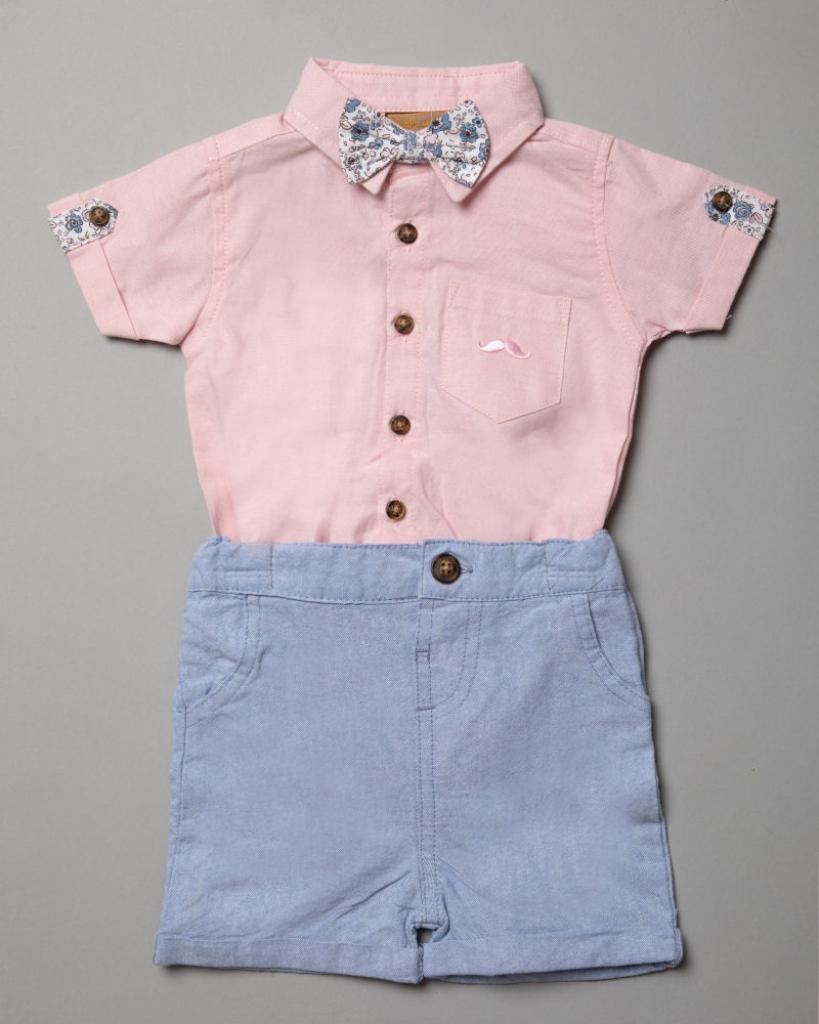 Little Gent R18227 5055578180611 LGR18227pp Chambray " Floral Bow Tie" Shorts Set (0-6 months)