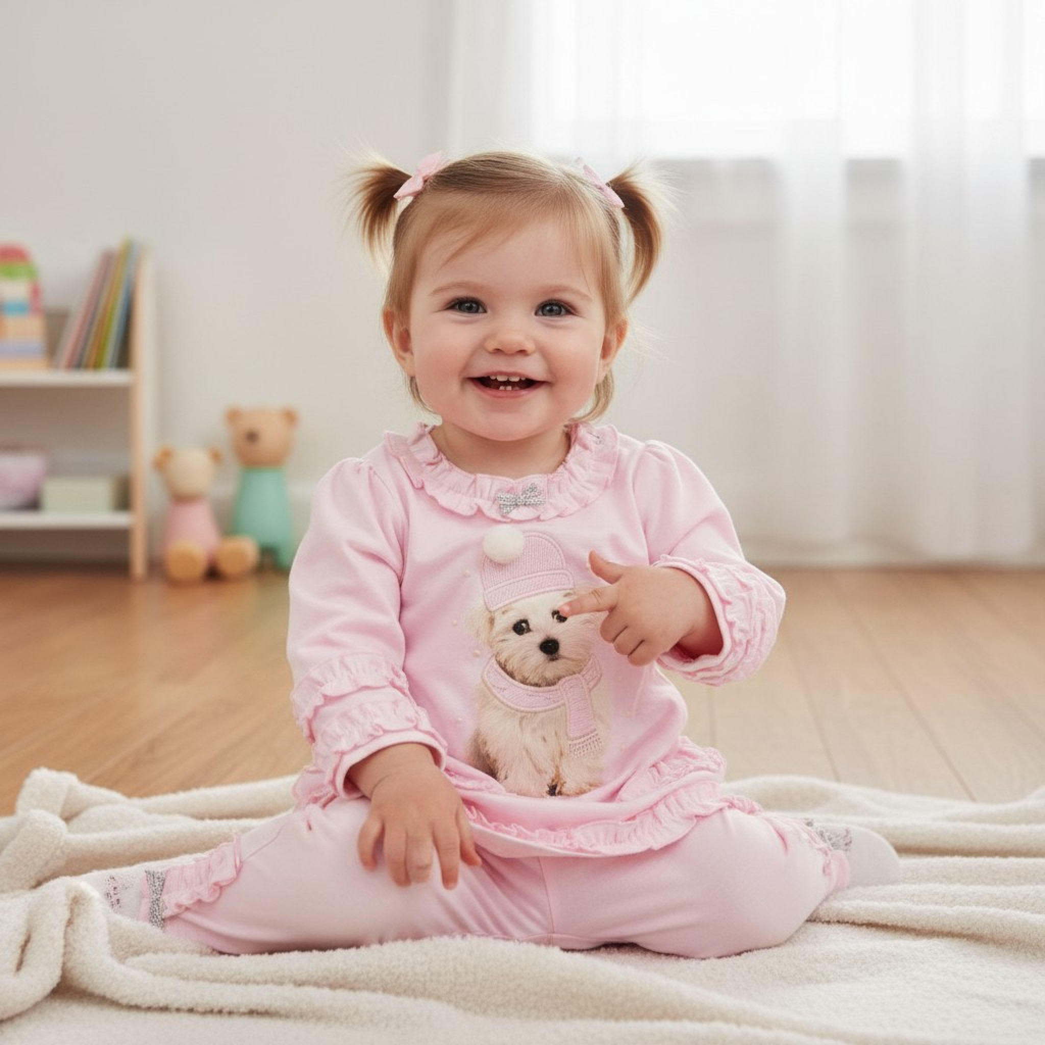 Mintini   MB5593P Frilled Tunic and Trousers With Puppy (3-9 months)