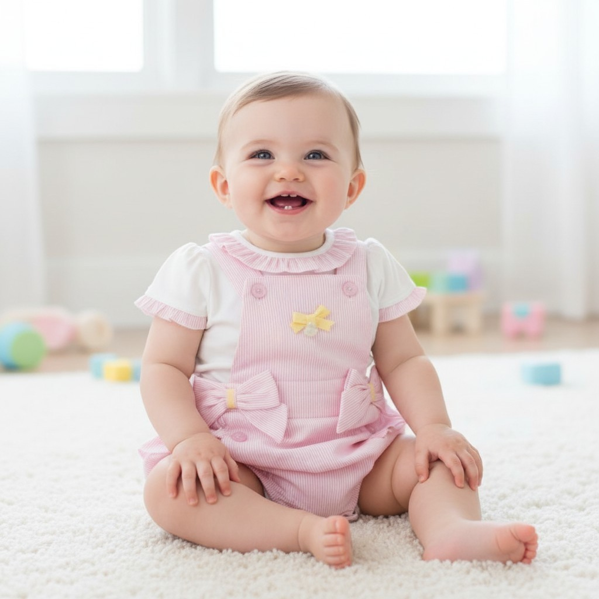 Mintini MB5688 5056590125406 MB5688P Striped "Frills and Bow" Short Dungaree Set (3-9 months)