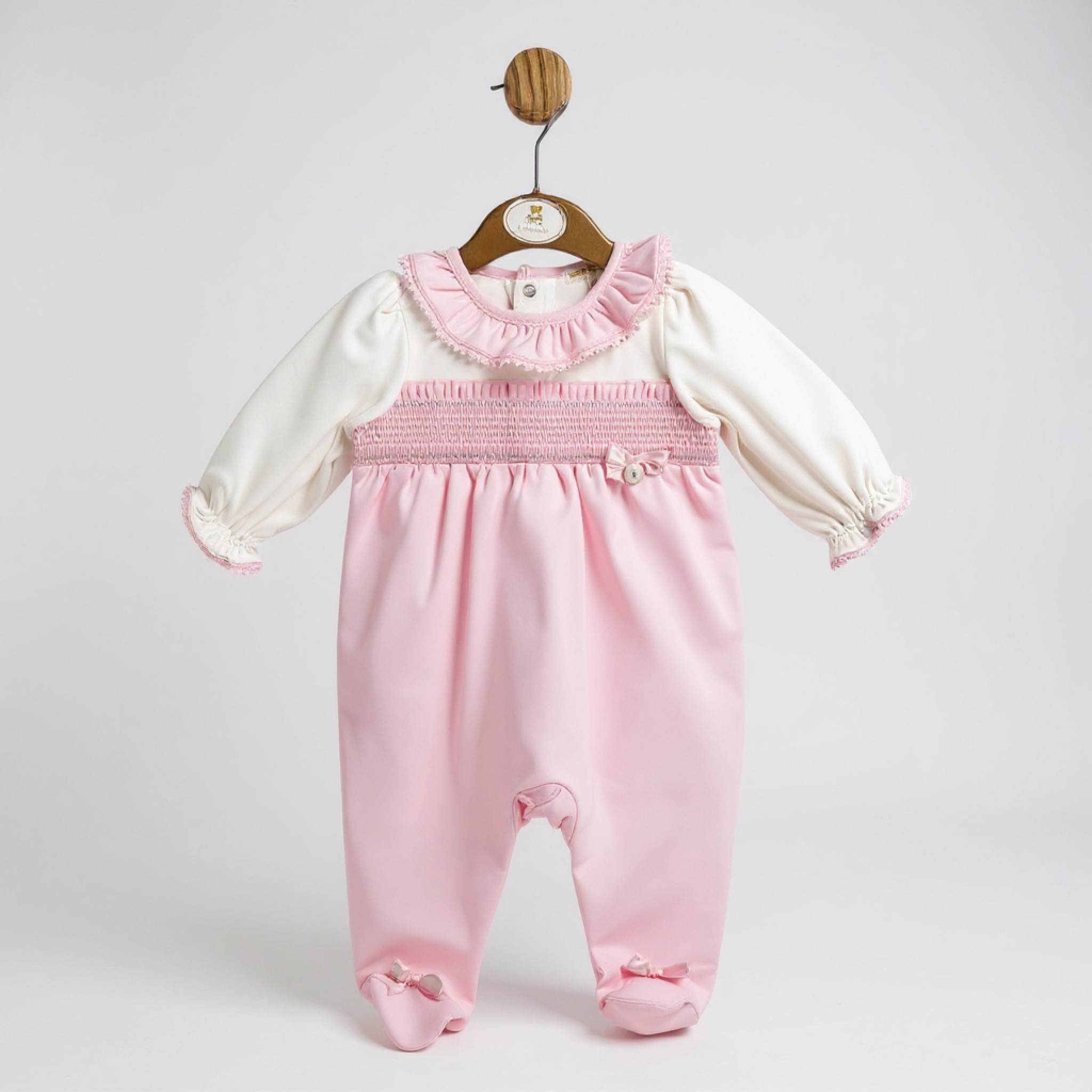 Mintini MB6120 1m = 5056590138765, 3m = 5056590138772, 6m = 5056590138789 MB6120P Smocked "Bow and Frills" All In One (1-6 months)