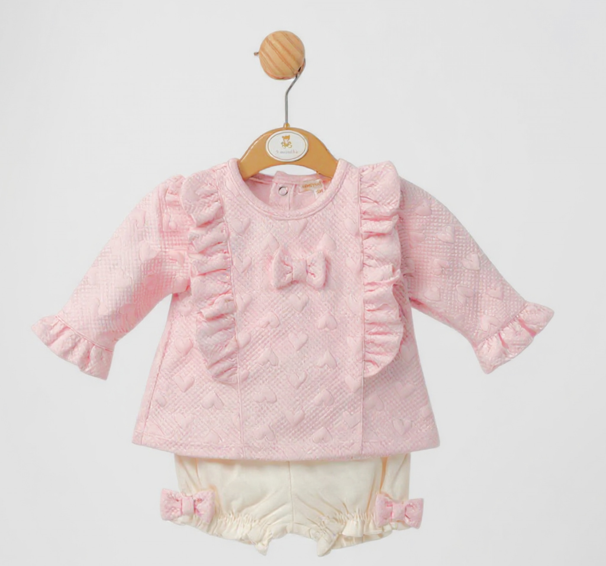 Mintini MB6140 3m = 5056590138925, 6m = 505659138932, 9m = 5056590138949 MB6140P "Heart, Bow and Frills" Bloomer Set (3-9 months)