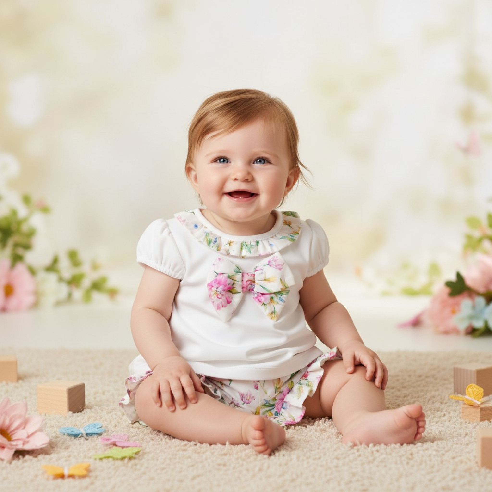 Mintini MB6466  MB6466-P Embroidered Floral Shorts set(3-9 months)