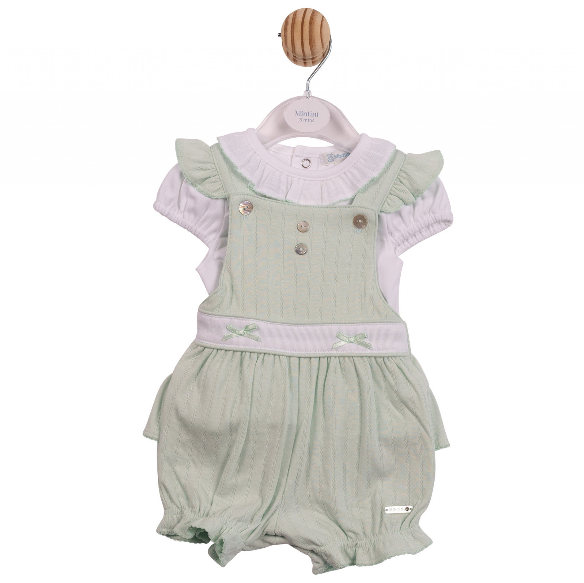 Mintini MB7069A * MB7069A Pointelle Bow Frilled back dungaree set(12-24 months)