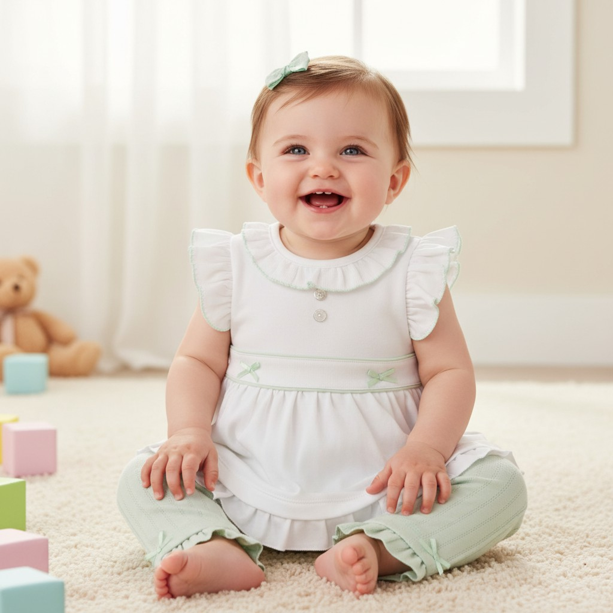 Mintini MB7072 * MB7072P Pointelle Bow Two Piece Set(3-9 months)