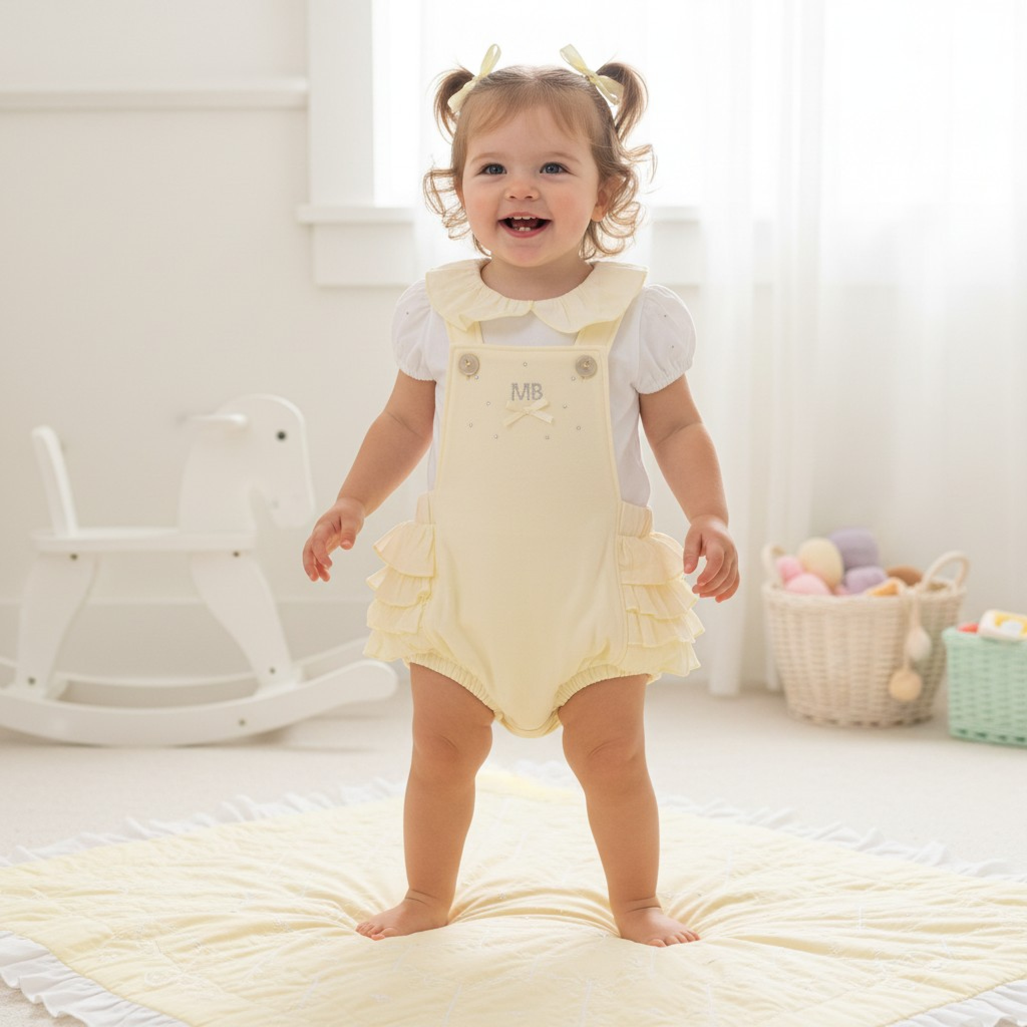 Mintini MB7107A * MB7107A Diamante and Frilled Rear Dungaree Set (12-24 months)