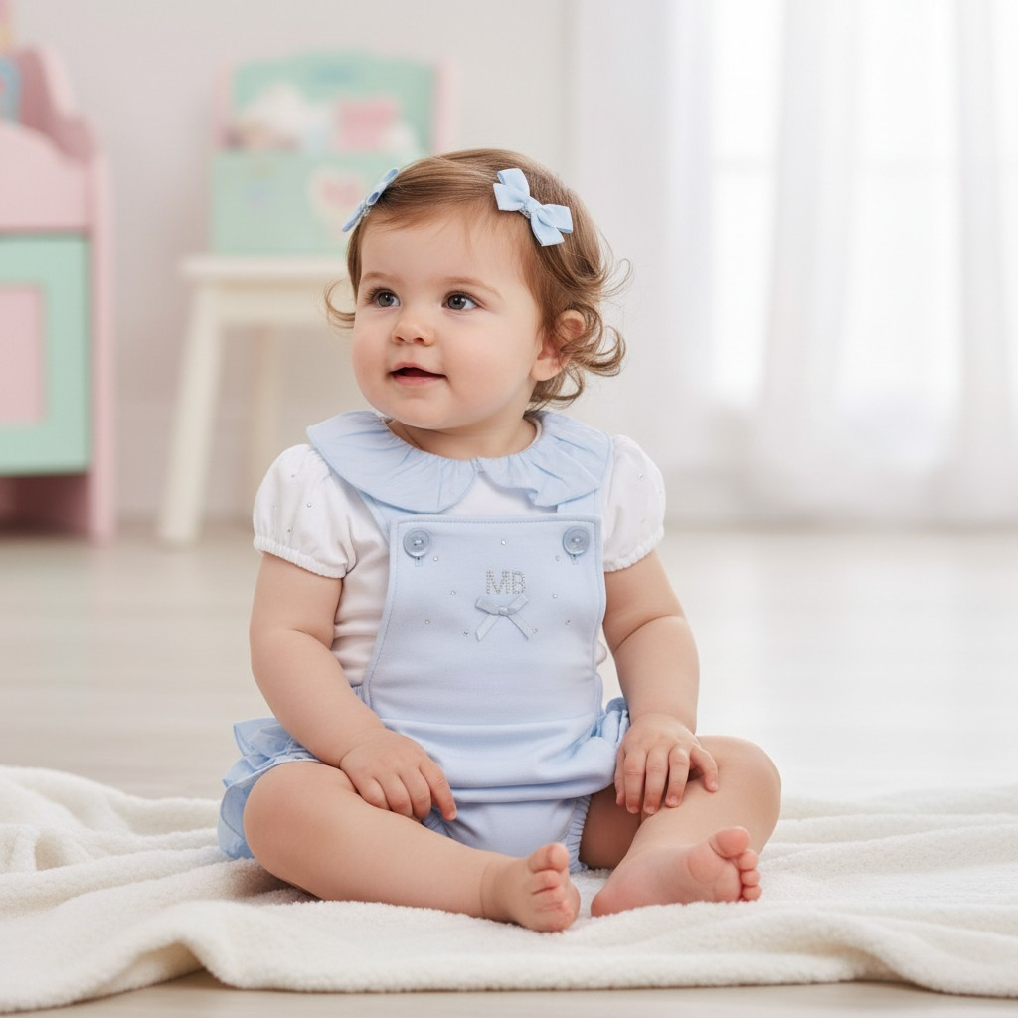Mintini MB7120 * MB7120B Diamante and Frilled Rear Dungaree Set (3-9 months)