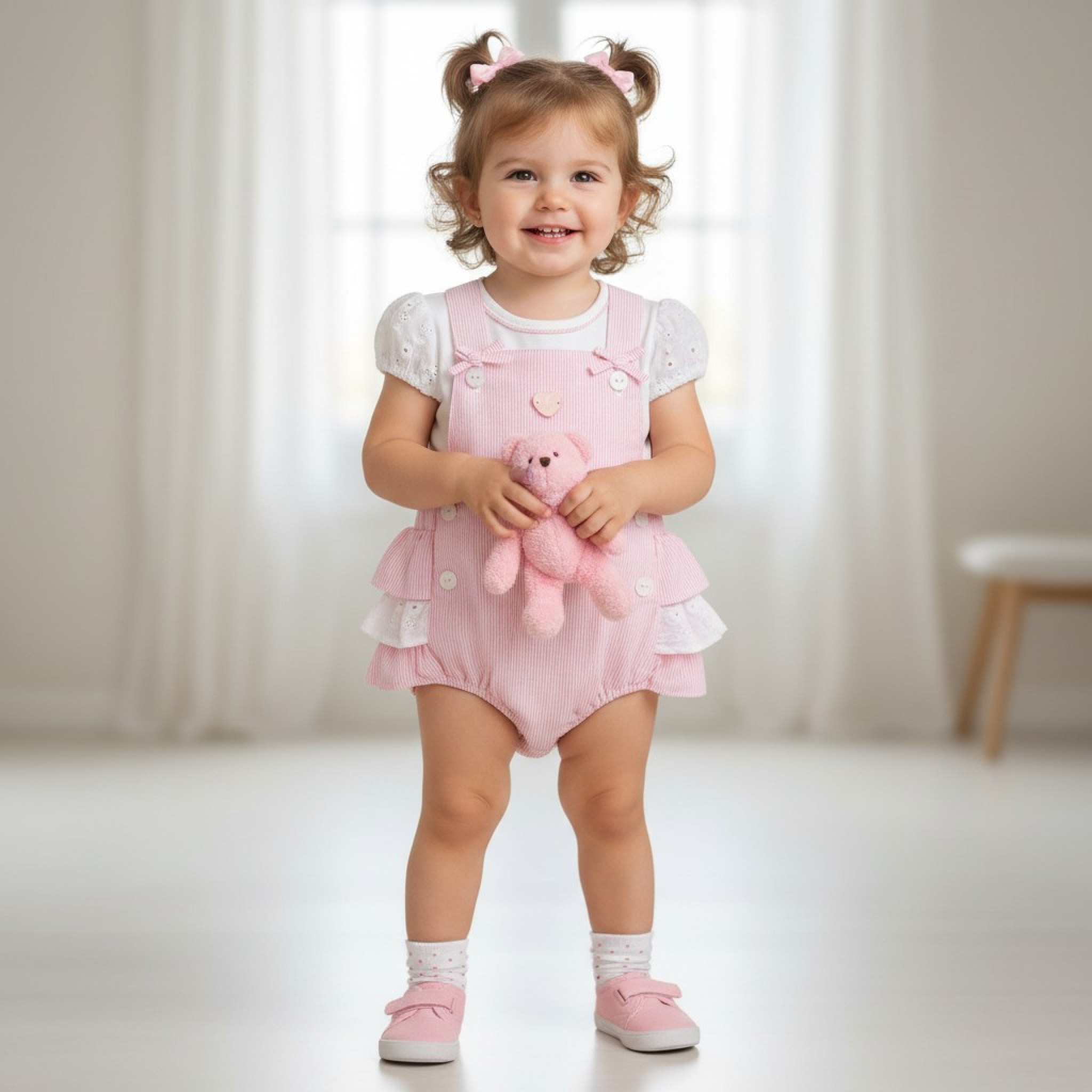 Mintini MB7171A * MB7171A Striped and Lace Frilled Rear Dungaree Set (12-24m)