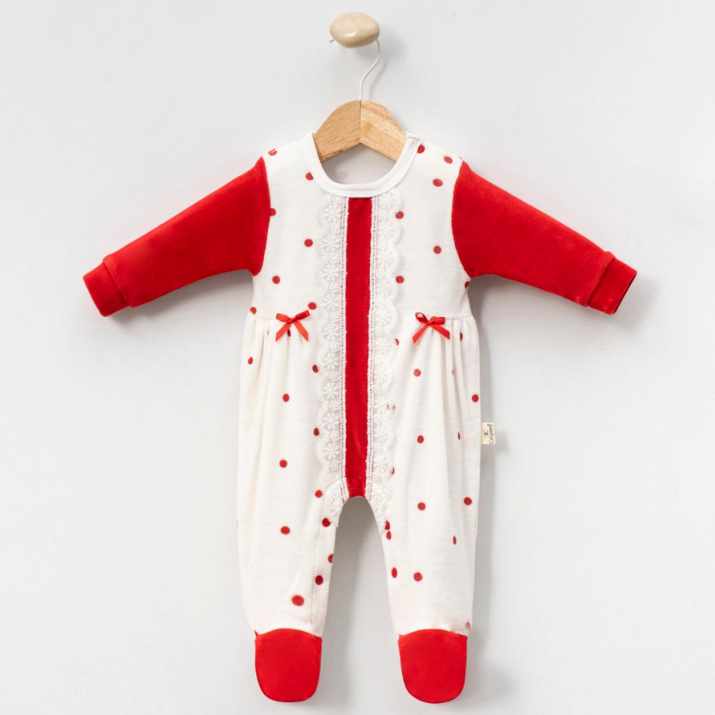 MiniCayzen   MC1102R Red Dotty and Lace Velour All in one( 0-9 months)