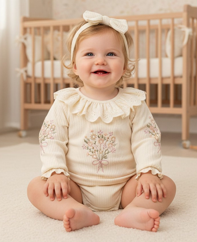 MiniCayzen  2025109500006 MC1112 Floral Embroidered bodysuit and headband(3-12 months)