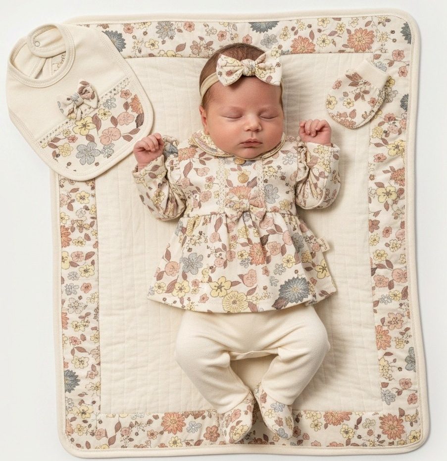 MiniCayzen  * MC2086 Floral & Gold five piece set ( 0-3 months)