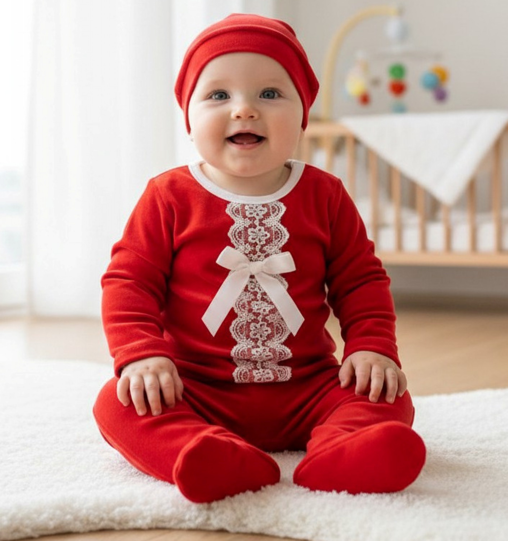 MiniCayzen  * MC4042 Red Cotton Velour Lace Three Piece (0-6 months)