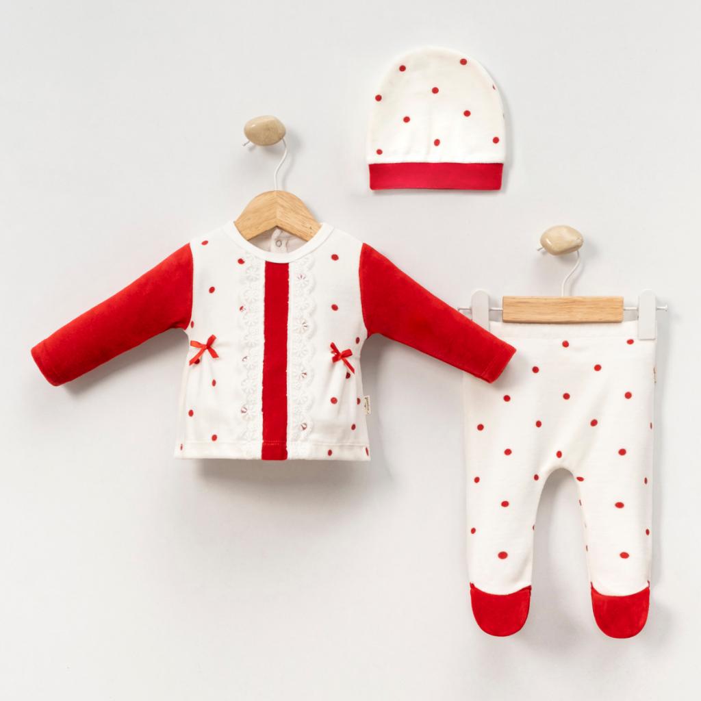 MiniCayzen  * MC4054R Red Dotty Velour Lace Three Piece ( 0-6 months)