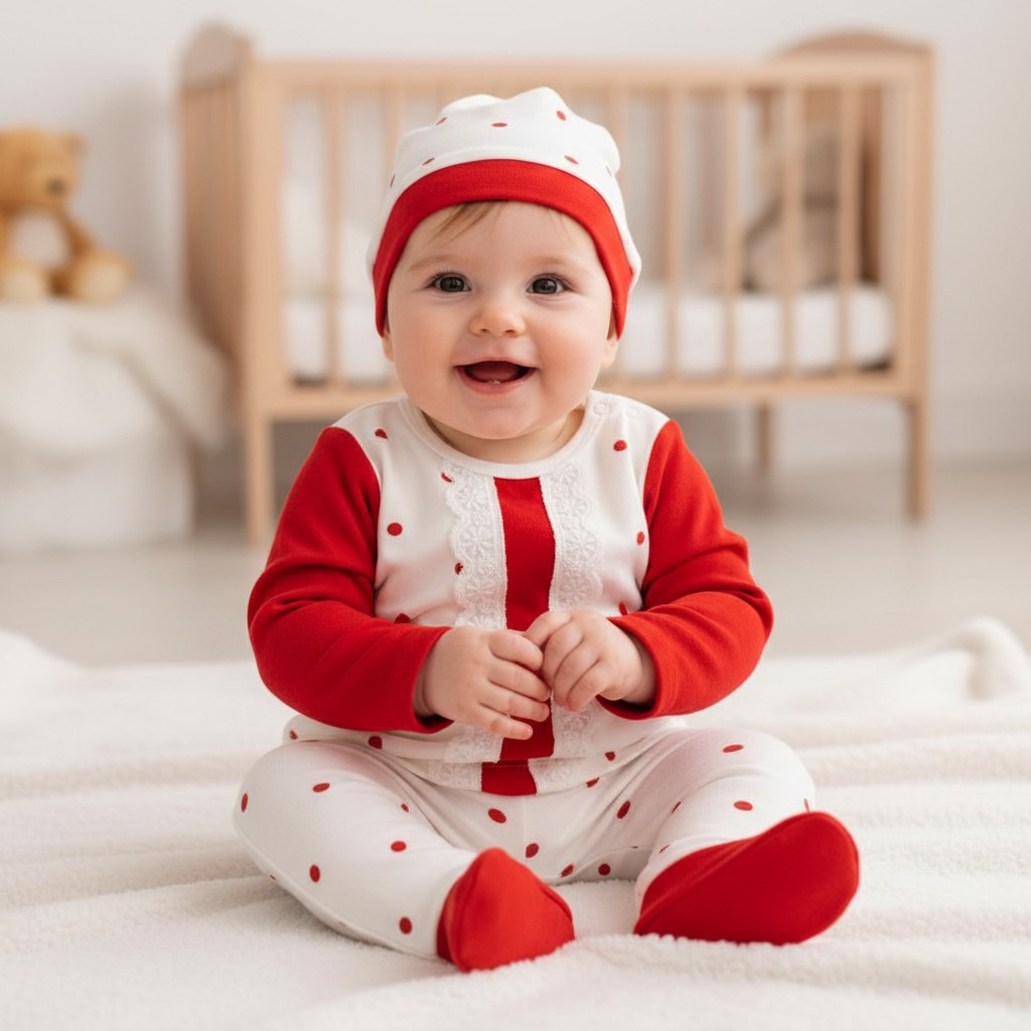 MiniCayzen  * MC4054 Red Dotty Velour Lace Three Piece (0-6 months)
