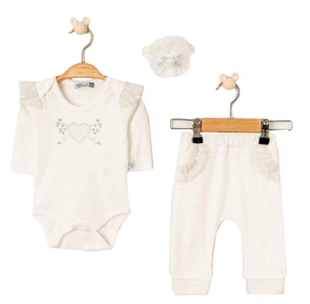 MiniBorn baby 9072 1602790090729 MI9072W White "Hearts and Frills""  Three Piece Set (0-6m)