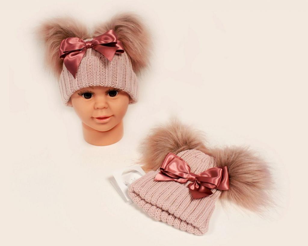 My Little Chick BW-05030625RG-S 5035320016252 ML0503-0625RG-S Rose Gold Double Pom Hat with Bow (0-6m)