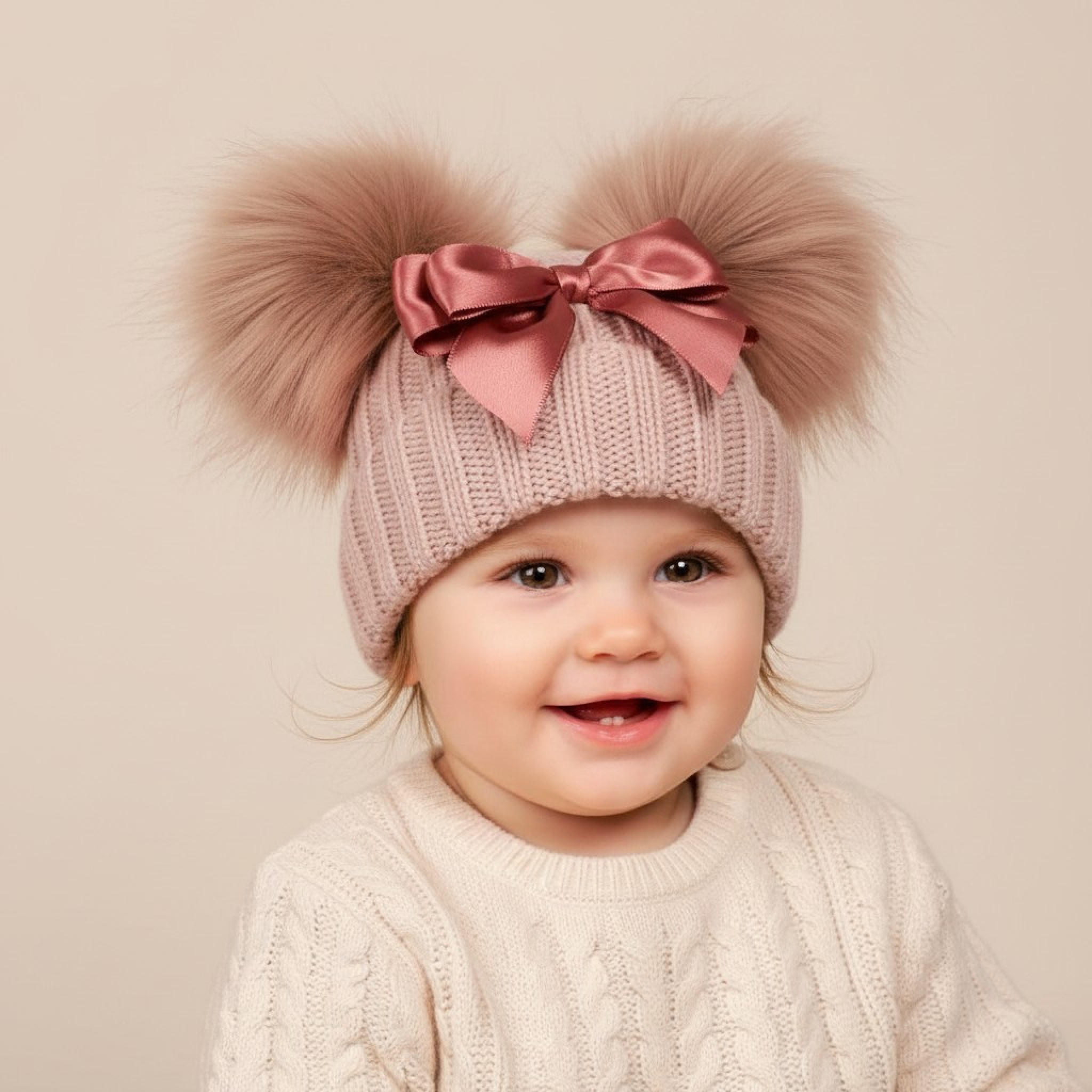 My Little Chick BW-05030625RG-M 5035320026251 ML0503-0625RG-M Rose Gold Double Pom Hat with Bow (6-12m)