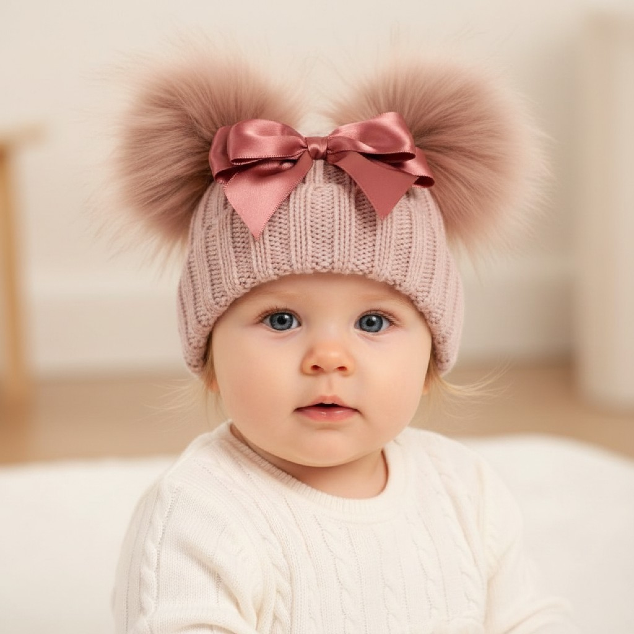 My Little Chick BW-05030625RG-S 5035320016252 ML0503-0625RG-S Rose Gold Double Pom Hat with Bow (0-6m)
