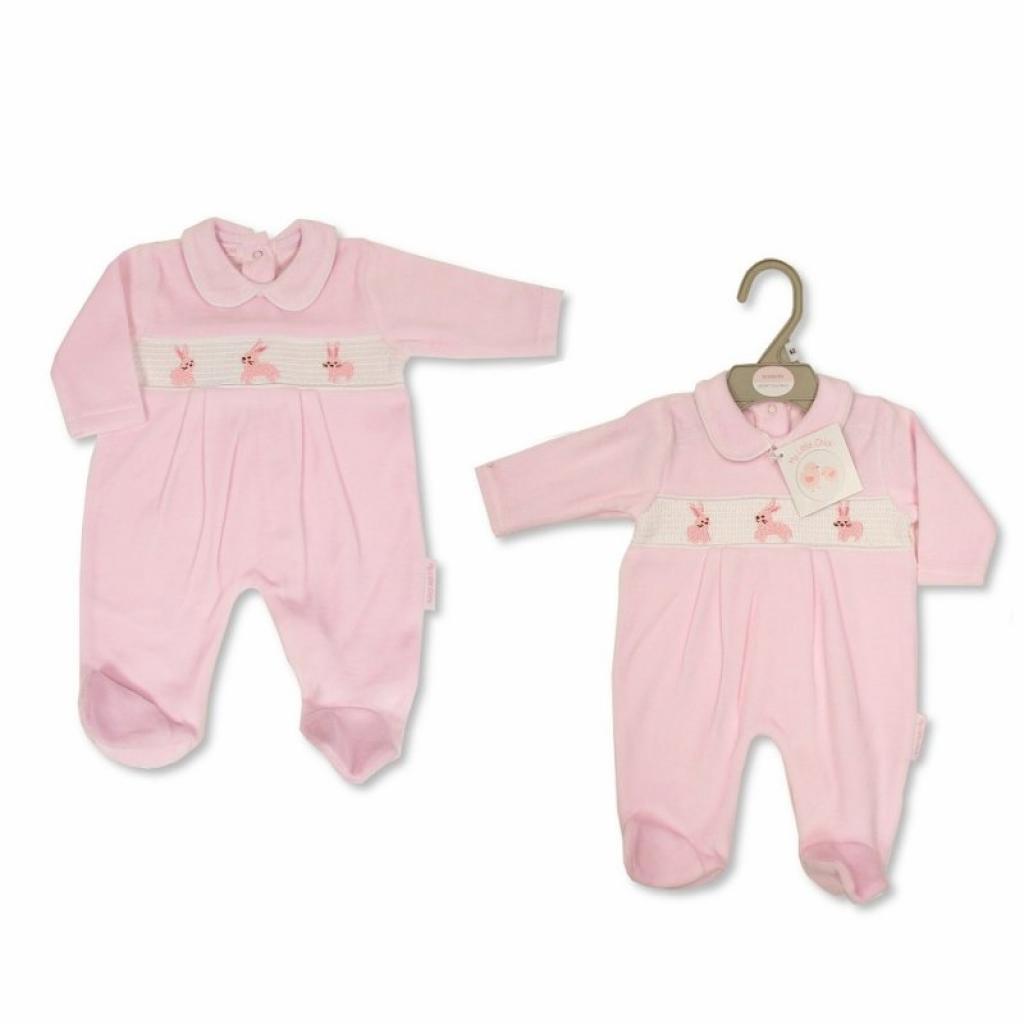 My Little Chick BW-13-382 5035320133829 ML13-382 Smocked "Bunny" Velour All In One (Newborn - 6 months)