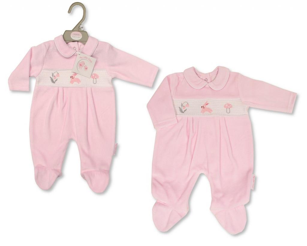 My Little Chick BW-13-383 5035320133836 ML13-383 Smocked "Bunny" Velour All In One (Newborn - 6 months)