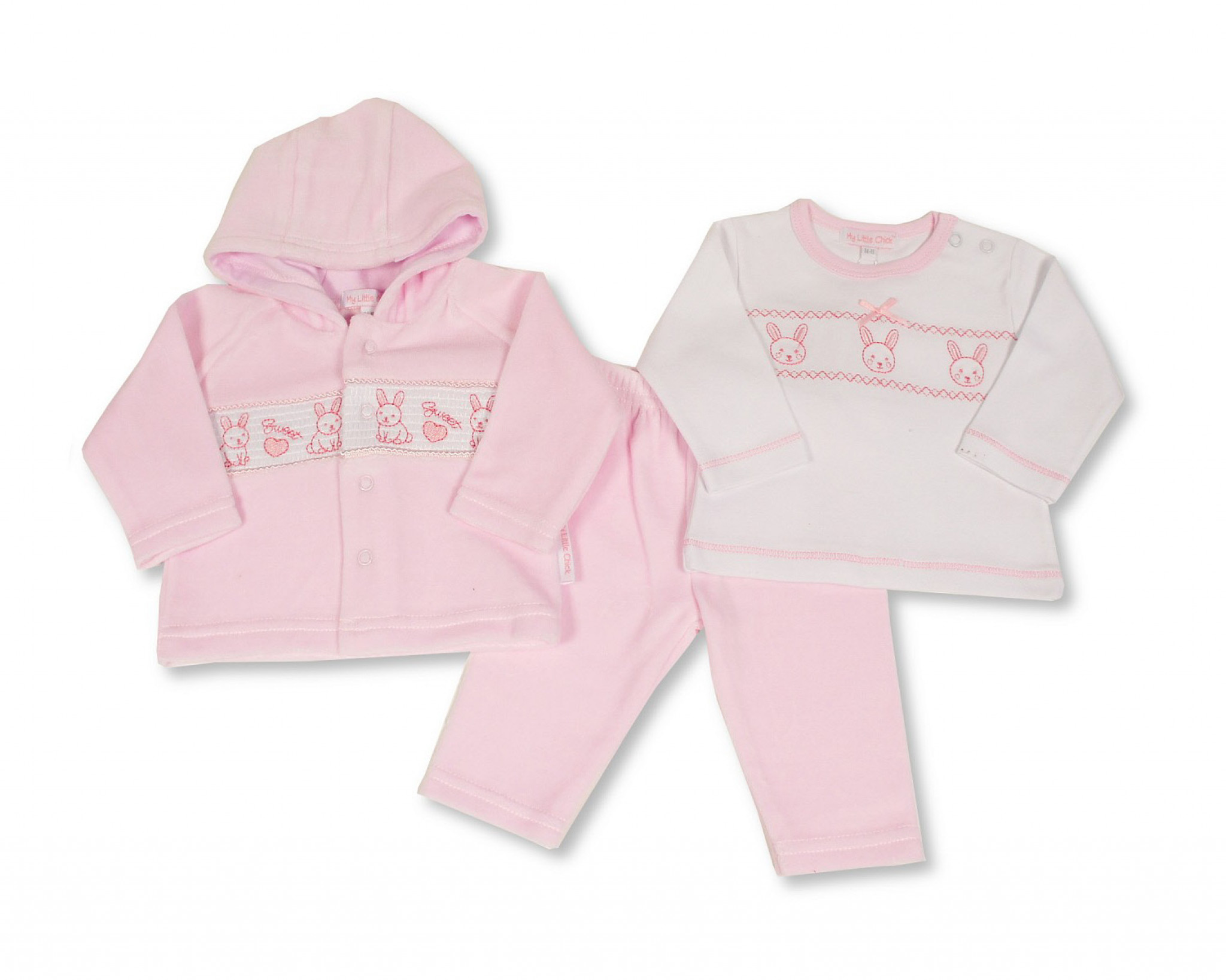 My Little Chick BW-13-387 5035320133874 ML13-387P Smocked Velour "Rabbit" 3 Piece Set (NB-6 months)