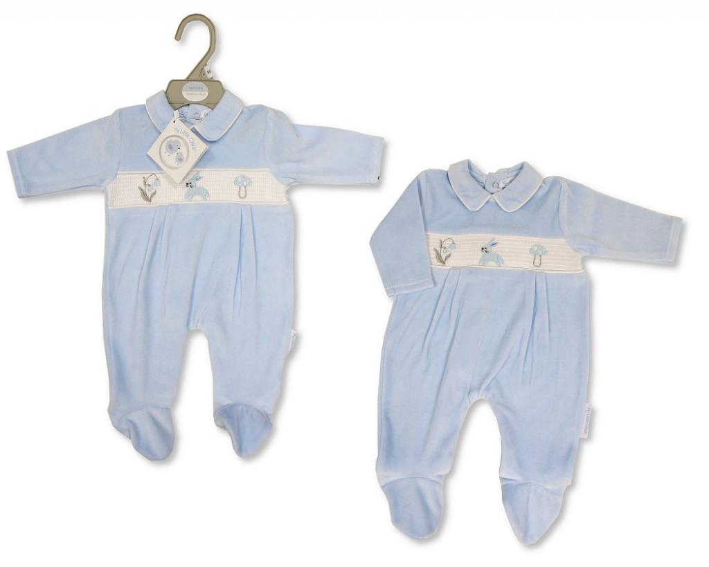 My Little Chick BW-13-390 5035320133904 ML13-390 Smocked "Bunny" Velour All In One (Newborn - 6 months)