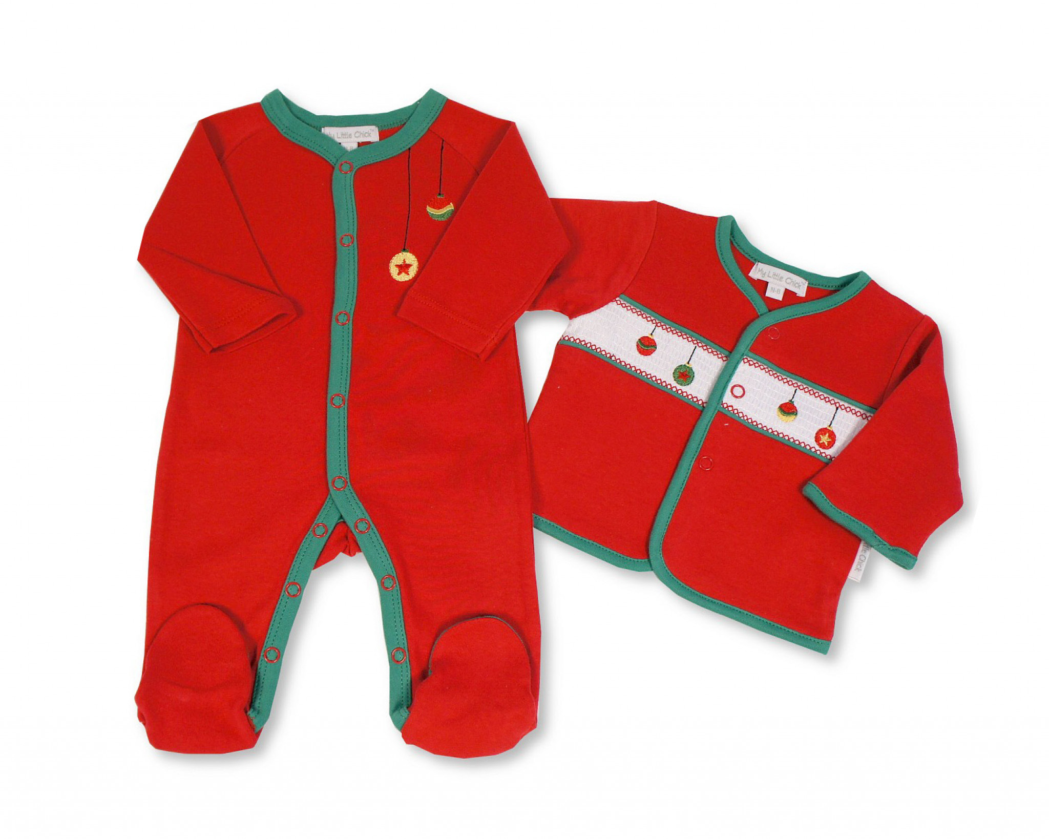 My Little Chick BW-13-398 503532013398 ML13-398-R Smocked "Christmas Baubles" 2 Piece Set (NB-6m)