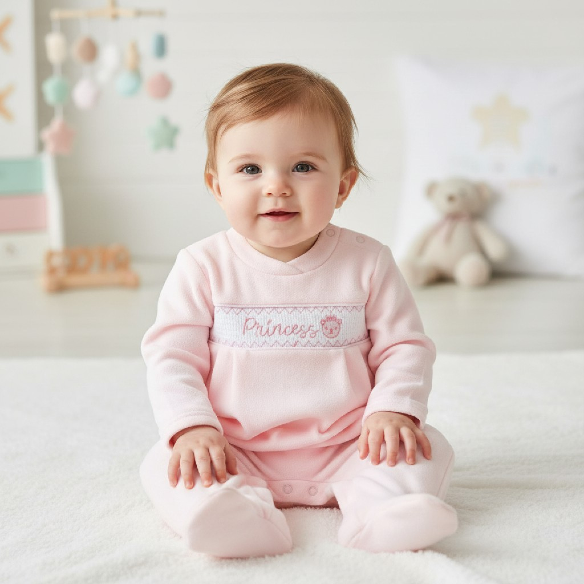 My Little Chick BW-13-409 5035320134093 ML13-409P Smocked "Princess" Velour All In One (NB-6m)