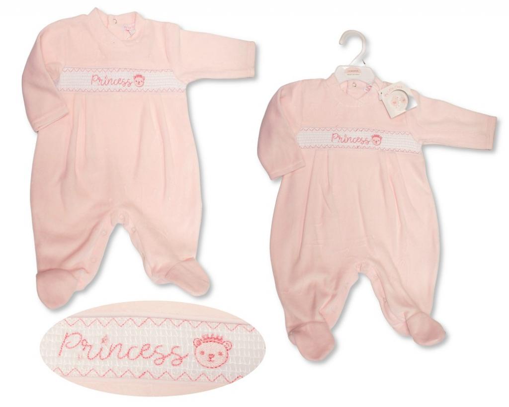 My Little Chick BW-13-409 5035320134093 ML13-409 Smocked "Princess" Velour All In One (NB-6m)